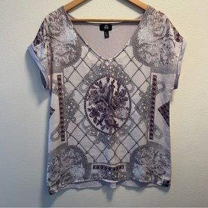 MNG Jeans Womens Jewerly Print Top Blouse Light Purple Short Sleeve Size S